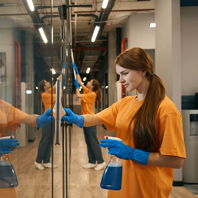 mulher a limpar janelas com pano